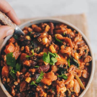 Quick 3-Bean Chilli | Raising Sugar Free Kids - a quick meal made largely from storecupboard and freezer ingredients, this chilli is delicious and nutritious but simple and cheap! Vegetarian/vegan option included.