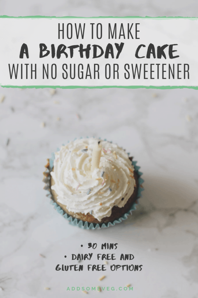 How to Make a Birthday Cake with No Sugar or Sweetener | Add Some Veg - a simple birthday cake that will take you 5 minutes to make, taste awesome, and contain zero added sugar or sweeteners! Perfect for a young child's birthday party, and easily pimped or adapted for older kids or even adults. Gluten and dairy free options included. #sugarfree #addsomeveg #sweetenerfree #banana #cake #birthday