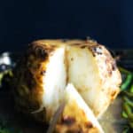 Whole-Baked Celeriac (Celery Root) with Roasted Onion Gravy | Raising Sugar Free Kids - this vegan roast dinner is indulgent, sweet, smoky and completely delicious! It makes a nice low-maintenance weekend meal, but also looks and tastes "showstopperish" enough to be an Easter main. Low carb, gluten free, paleo, vegan and generally delish! :) #sugarfree #lowcarb #paleo #glutenfree #vegan