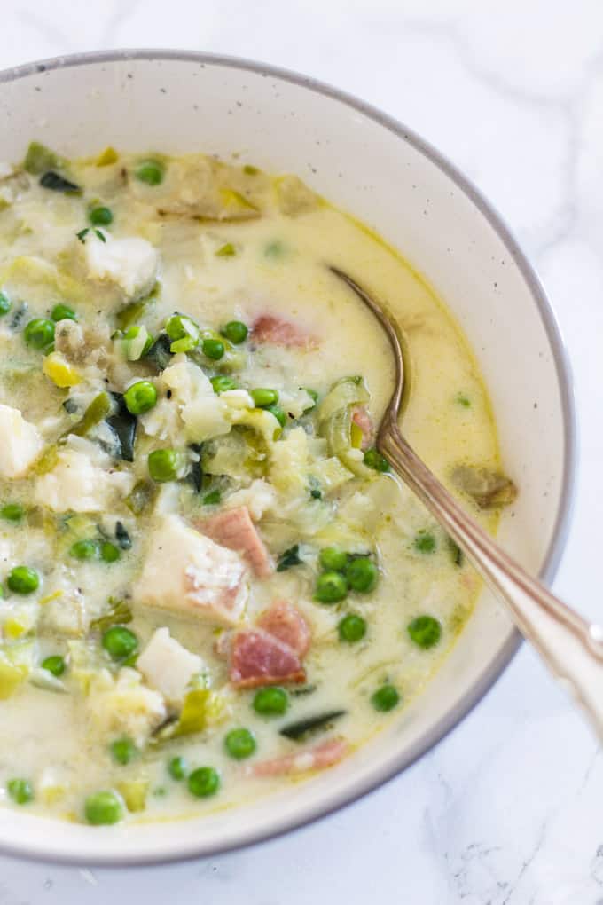 Vegetable-Loaded Fish & Bacon Chowder
