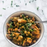 One-Pot Chickpea, Sweet Potato & Spinach Curry | Raising Sugar Free Kids - a delicious, super simple, 20-minute one-pot curry that is sugar free, gluten free, vegan and low carb. Mild and creamy, using store-cupboard and freezer ingredients. #sugarfree #eatfromthepantry