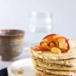 Sugar Free Buckwheat Pancakes with Roasted Apricots | Raising Sugar Free Kids - these no-added sugar gluten free pancakes are deliciously nutty and light. Topped with sweet roasted apricots and fresh, tart sour cream, they are a perfect decadent summer breakfast or dessert. #sugarfree #glutenfree