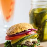 Veg-Packed Burger with Homemade Pickles | Raising Sugar Free Kids - delicious, soft, melt-in-your-mouth homemade burgers that are easy and cheap to make, and even contain unnoticeable veg! + an easy homemade low sugar pickle recipe. #sugarfree #lowsugar #burgers #summer