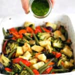 One-Tray Pesto Roasted Rainbow Veg | Raising Sugar Free Kids - a really easy tray of rainbow vegetables roasted to perfection and drizzled with 30-second parsley pesto. Perfect to batch-roast on the weekend for lunchboxes, sides and snacks in the week. #sugarfree #poysugarfreejanuary #glutenfree #dairyfree #vegan