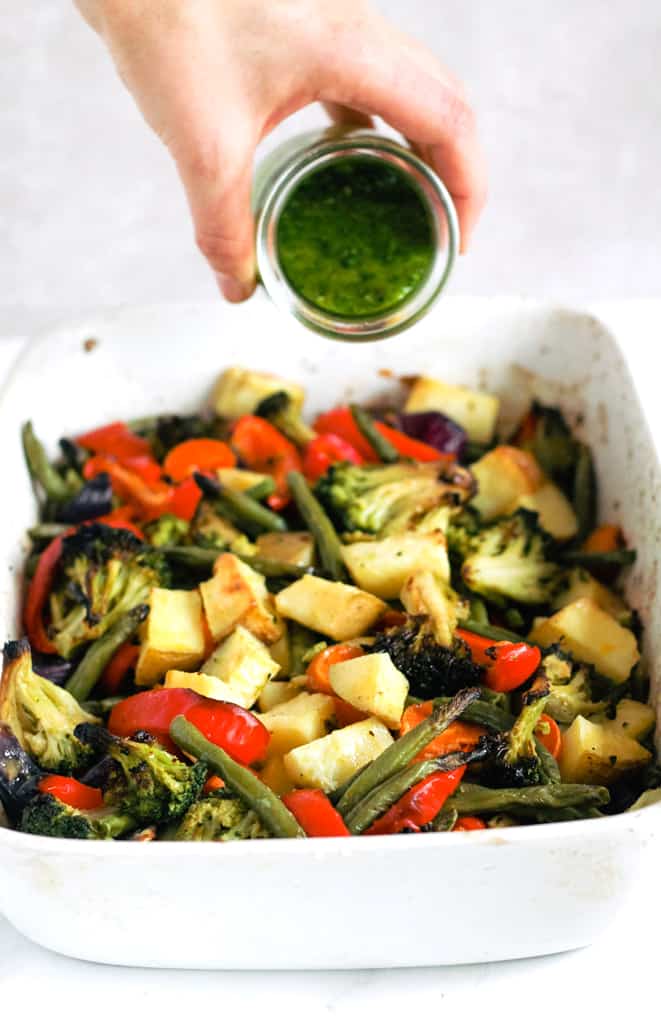 One-Tray Pesto Roasted Rainbow Veg