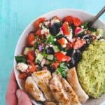 Greek Salad Hummus Chicken Bowls | Raising Sugar Free Kids - a delicious, salty, creamy springtime bowl of Greek-style goodness. This is an easy dairy, gluten and sugar free, low carb dinner for warmer days. #dairyfree #sugarfree #glutenfree #lowcarb