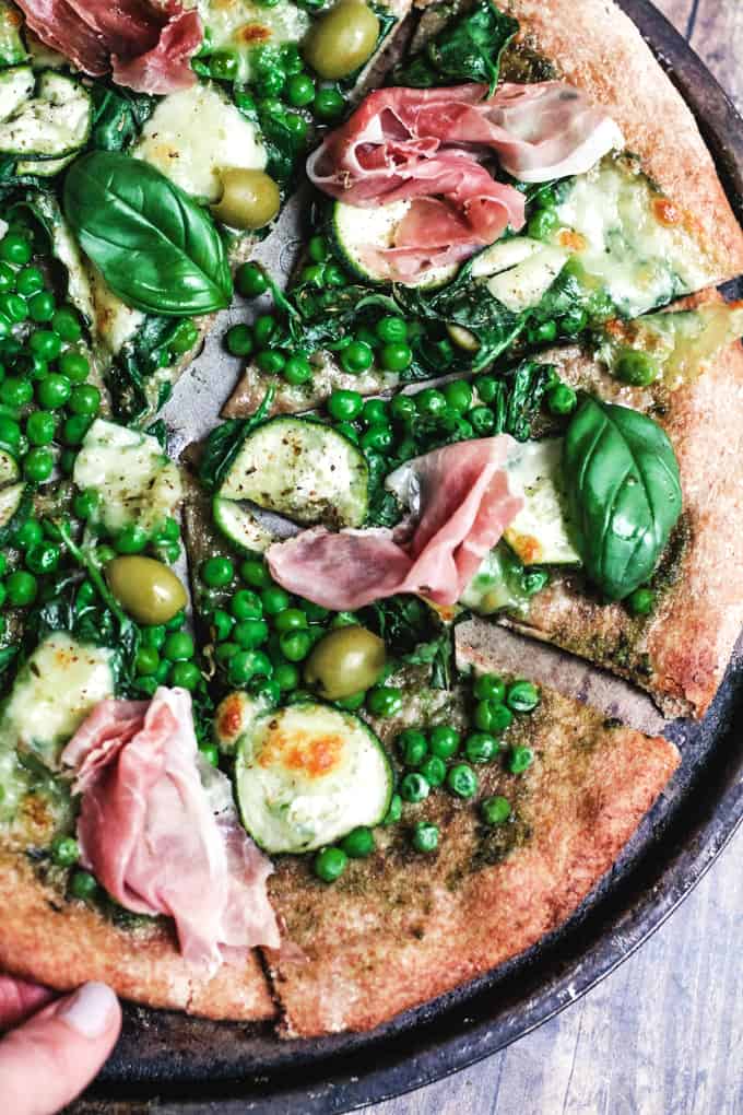 Green Pizza | Add Some Veg - a delicious springtime pizza packed with green vegetables but tasting sweet & salty. A perfect more exciting addition to pizza night that everyone will fight over. #veggieloaded #sugarfree #homemade