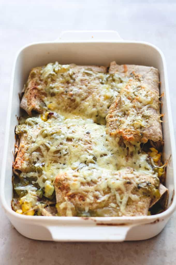 30-Minute Veggie-Loaded Green Enchiladas | Add Some Veg - these green enchiladas are packed with veg and healthy, wholesome ingredients, but take just 30 minutes to get on the dinner table. They are flavoursome, summery, sugar free and can be made veggie and gluten free, too! #addsomeveg #veggieloaded #sugarfree #enchiladas #tomatillosalsa #30minutemeal #glutenfree