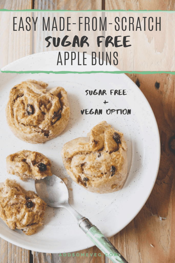 Easy Made-From-Scratch Sugar Free Apple Buns | Add Some Veg - this slow and simple recipe for apple buns is naturally sweetened, with a dairy-free/vegan option. They are soft, fluffy, and delicious. Perfect for a weekend breakfast or batch-baked snack or lunchbox addition. #sugarfree #addsomeveg #lowsugar #apples #dairyfree #vegan