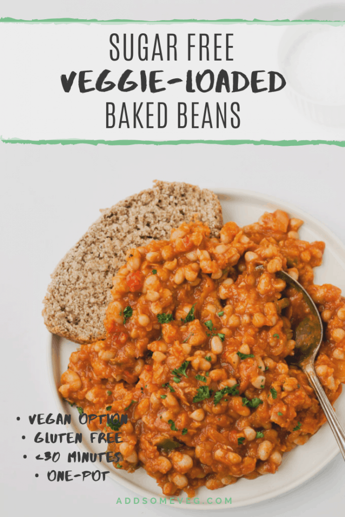 Veggie-Loaded Baked Beans | Add Some Veg - with less than half an hour of your time (and only 5 mins of that is prep), you can make a big batch of veggie-loaded baked beans that are sugar free, packed with 5 types of veg, gluten free, additive-free, and delicious! Perfect for pulling out of the fridge or freezer for quick easy breakfasts or lunches. #sugarfree #addsomeveg #veggieloaded #glutenfree